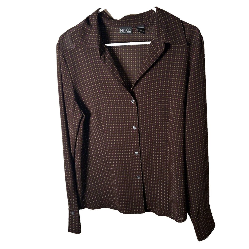 NY & Company Shirt Women's Large Polka Dot Purple Brown Gold Sheer Top